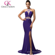 Grace Karin Halter Backless Elegant Purple Split Evening Dresses Sequins Beading Mermaid Long Formal Gown CL007595-1